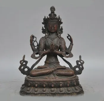 

wedding decoration 9"Old Tibet Buddhism Bronze 4 Arms Chenrezig Tara Kwan-yin Guanyin Buddha statue