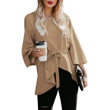 

Women Coats Female Jackets Tied Seven-point Sleeves Wool Coat Solid Color Jackets Ladies Autumn Winter All-match Tops