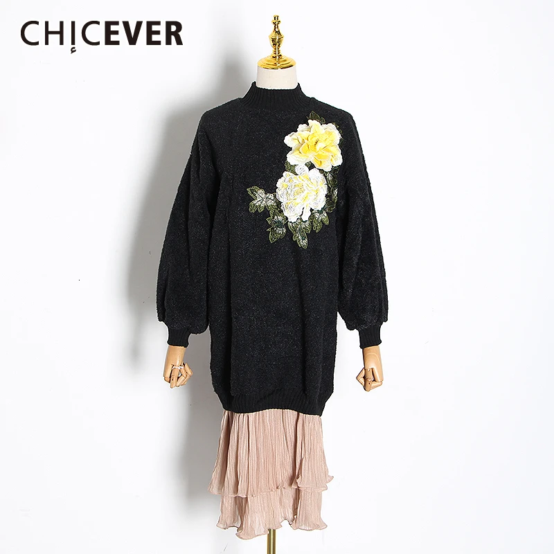 CHICEVER Patchwork Appliques Dress Women Stand Collar Lantern Long Sleeve Loose Pleated Womens Dresses 2020 Autumn Clothes New | Женская