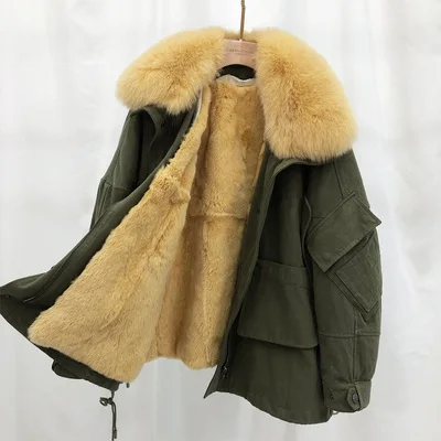 green coat yellow f Natural Fur Coats Winter Coat Women Clothes Parkas Real Fur Rex Rabbit Fur Lining With Genuine Fox Fur Collar Female Jacket - Цвет: green coat yellow f