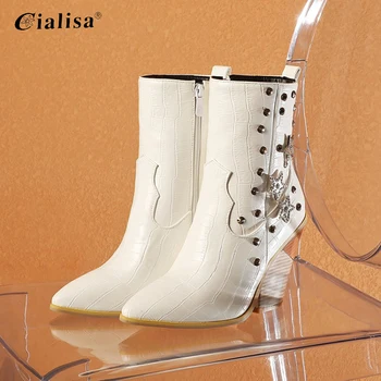 

CIALISA Shoes White Yellow Autumn Boots For Women PU Leather Western Cowboy Wedge Short Plush Super High Heel Pointed Toe Boots