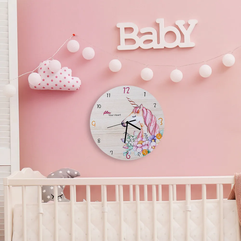 Настенные часы с мультяшным розовым единорогом, современный дизайн, тихая детская комната, настенные часы, домашний декор, гостиная, спальня, художественный дизайн