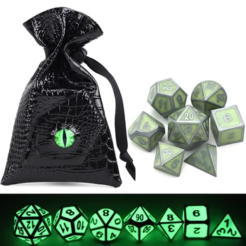 

Glowing Metal Dice and Green Dragon Eye PU Leather Dice Bag for Tabletop Games