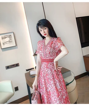 

2020 Summer New Vintage V-neck Short Sleeve Waist Slimming Long Printed Chiffon Dress Women