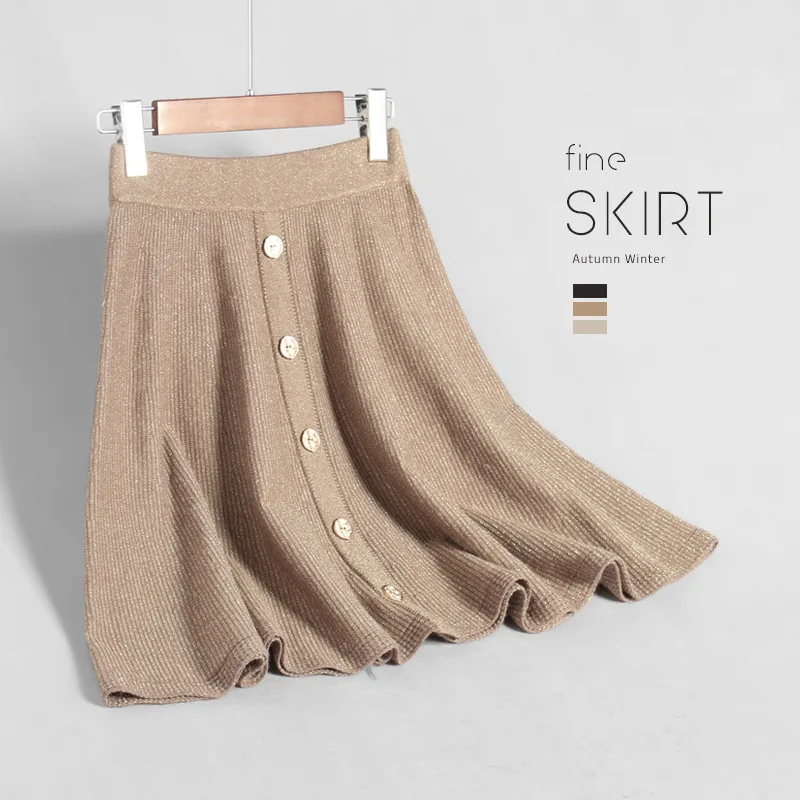 Хаки INNASOFAN Mini Knitted Skirt Women Autumn Winter Glitter Skirt High Waist Fashion High-end Chic Button Skirt - Цвет: Хаки
