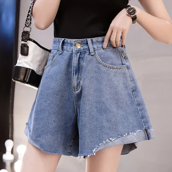 

COIGARSAM 4XL Plus Size Denim Spring Summer High Waist Women Shorts Blue 3821