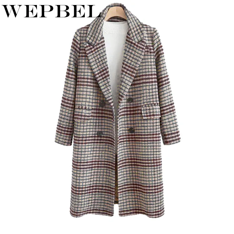 WEPBEL, Женское шерстяное пальто, куртка, смесь, длинный рукав, Британия, в клетку, повседневная, модная, новинка, осень, зима, длинная, женская верхняя одежда