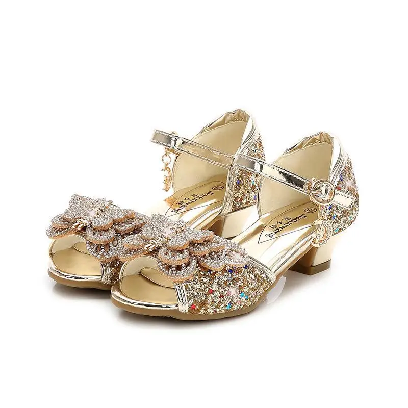 Children Sandals For Girls Weddings Girls Sandals Crystal High Heel Shoes Banquet Pink Gold Blue Glitter Leather Shoes Butterfly