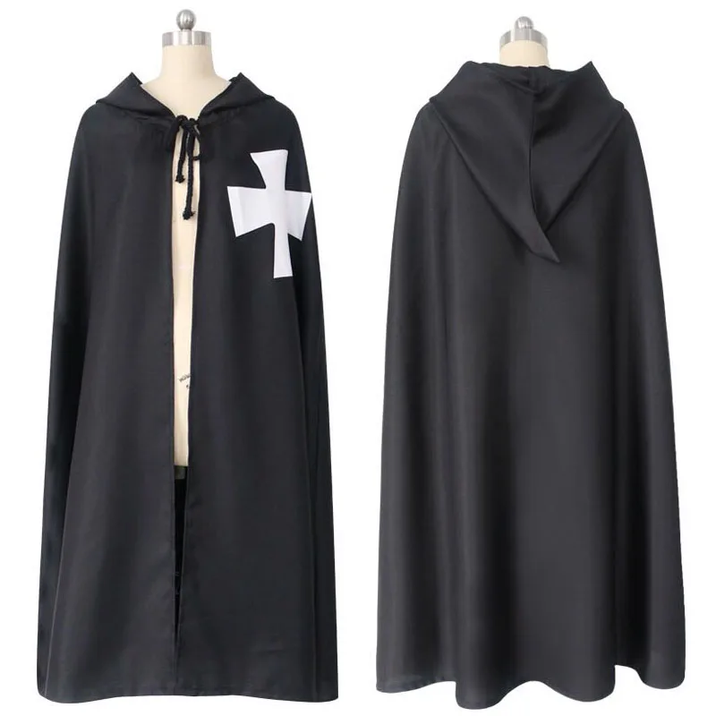 Hot Sale Halloween Medieval Costume Clothing Black Knights Costume Hospitaller Tunic Cloak Cape Men Gothic White Cross Robe