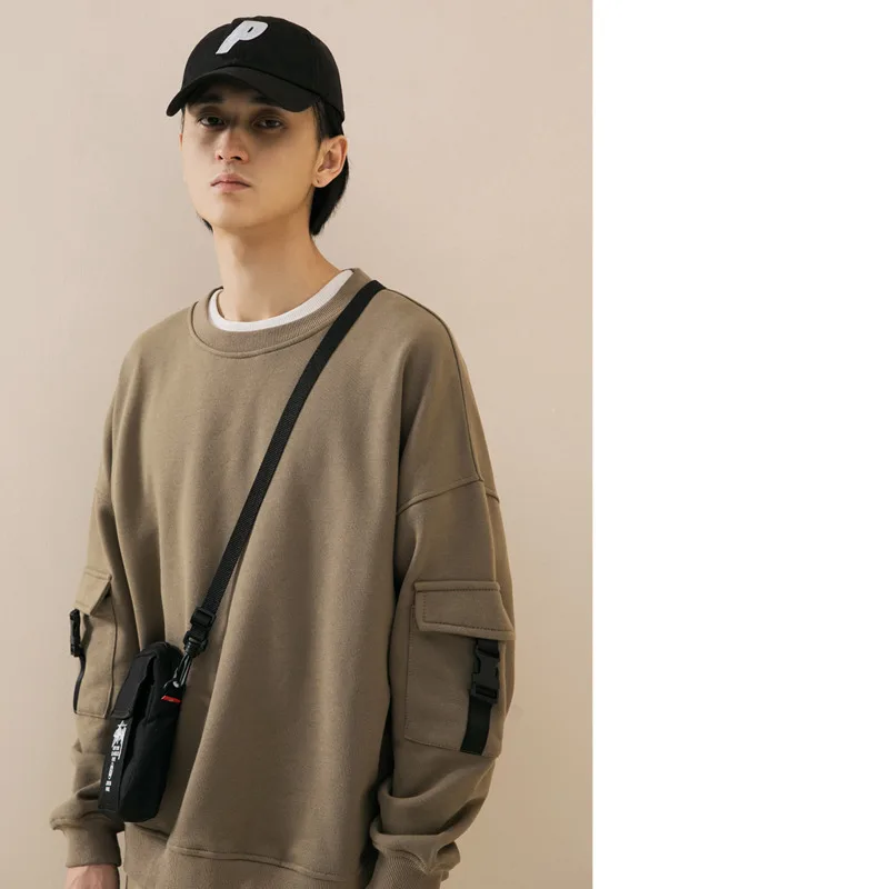

2019 Men's Spring New Casual Solid Color Pocket Decoration Round Neck Long-sleeved Hoodies Loose Temperament Tide Cotton
