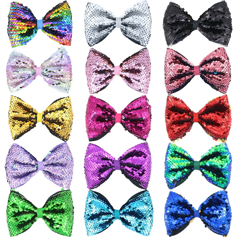 

15pcs/lot 5" Kids Two Toned Reversible Sparkle Sequin Bow Rainbow Hair Bows with clips for girls gift