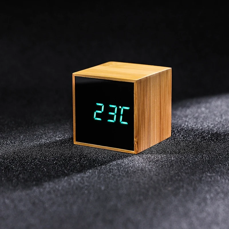 

Bamboo LED Alarm Clocks Temperature Electronic Clock Sounds Control Table Clock Adjustable Brightness Snooze Clock