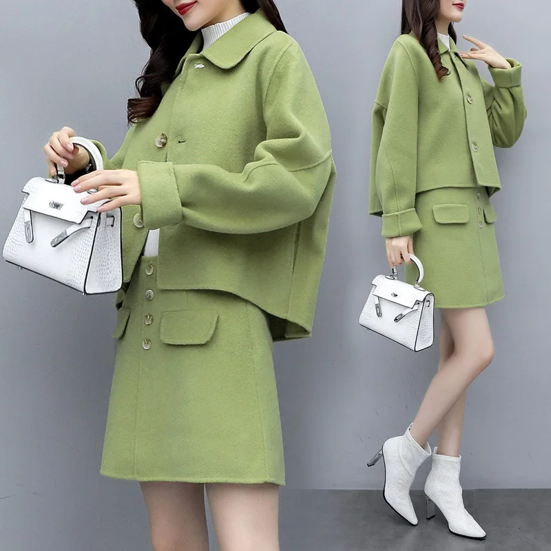 

2019 New Style WOMEN'S Dress Autumn And Winter Two-piece Dress Short Avocado Green Woolen Jacket Short Skirt-Style WOMEN'S Suit