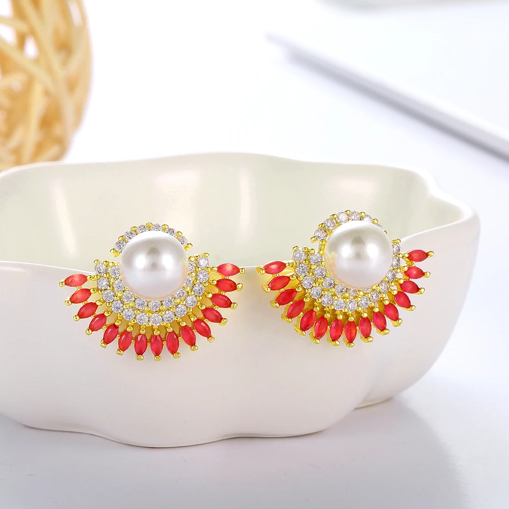 Red Модные женские серьги-гвоздики, стразы, циркон, кристалл, жемчуг, черный, зеленый, синий цвет, ювелирное изделие, элегантный подарок, свадьба, для друзей - Окраска металла: Red