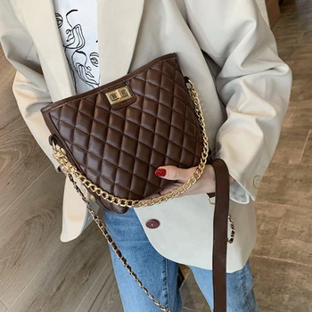 

Women Casual Rhombus Crossbody Bag Chains Shoulder Bag Designer Ladies Luxury Soft PU Leather Versatile Hasp Bucket Handbag