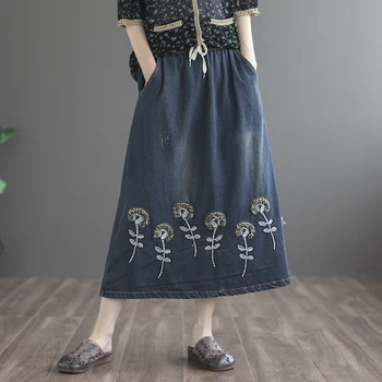 

retro embroidery A-line denim skirt women new summer elastic waist loose skirts