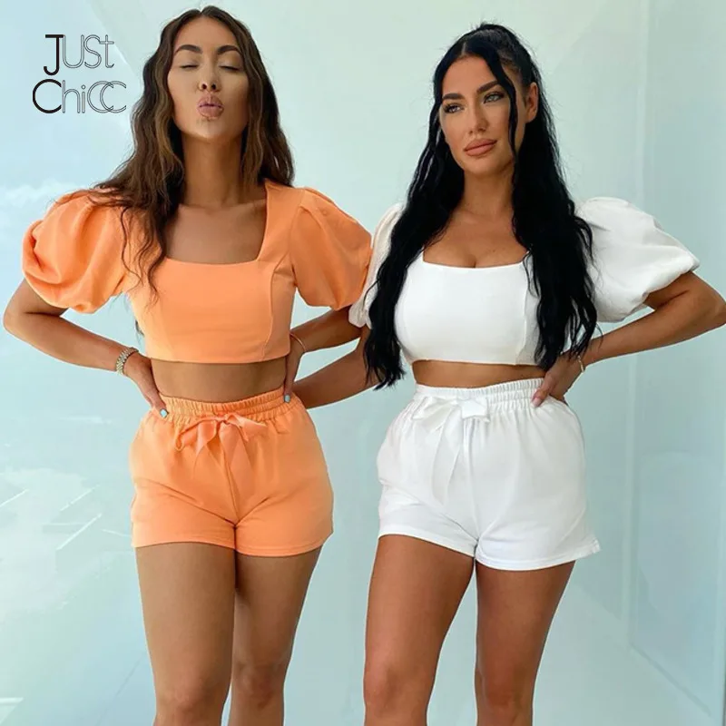 Однотонный комплект из двух предметов Justchicc с пышными рукавами короткий топ