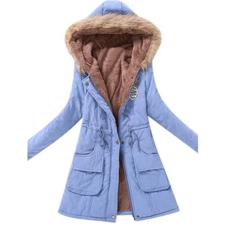 Женское зимнее теплое пальто, женская осенняя хлопковая Меховая куртка с капюшоном размера плюс, верхняя одежда, тонкая Длинная женская куртка - Цвет: light blue
