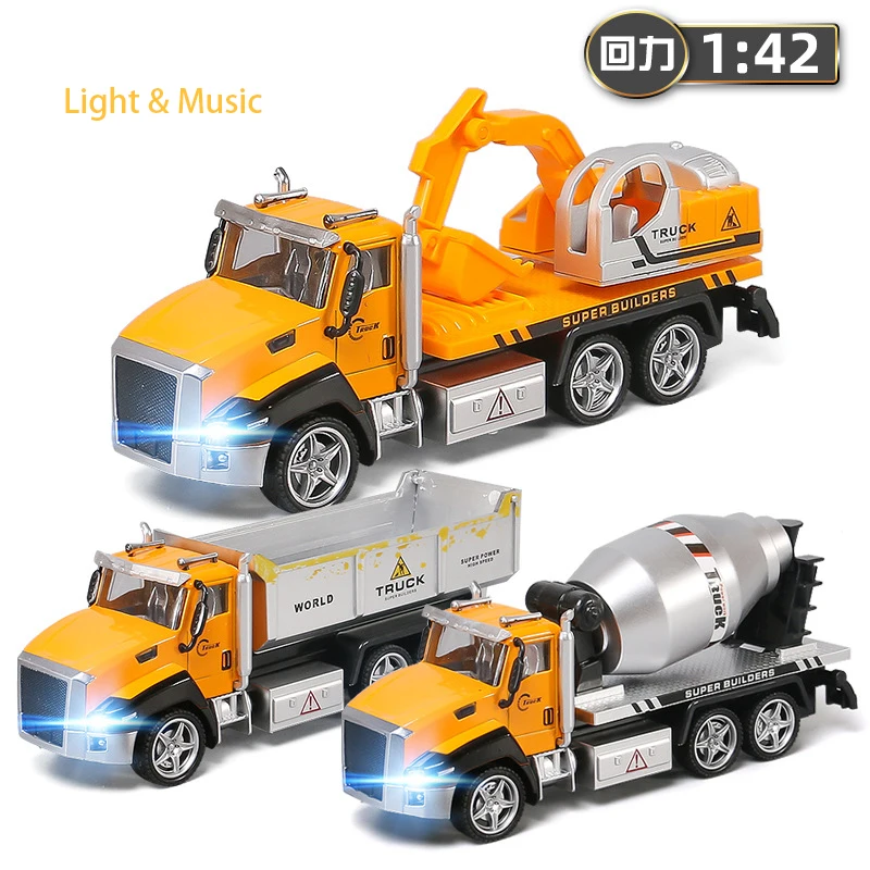 1:42 Scale 21cm Engineering Truck Alloy Diecast Vehicle Music Light Pull Back Excavator Cement Mixer Car Model Toy for Boys Y162 3 kinds excavator engineering trucks model 1 64 alloy diecast vehicle cement mixer transport truck collectible toy for boys y060