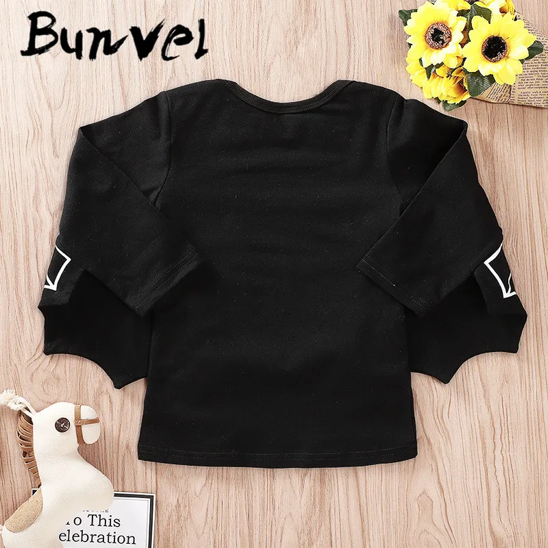 Bunvel/Рождественская футболка на Хэллоуин с принтом летучей мыши для новорожденных девочек весенне-осенняя одежда для малышей футболка с крыльями летучей мыши