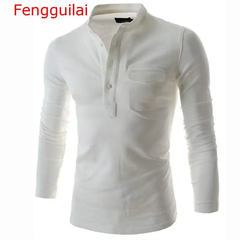 Fengguilai дизайн одноцветное Поло рубашка для мужчин Tand воротник серый длинный рукав Повседневная рубашка-поло ложный карман Хенли Рубашка