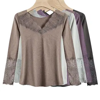 

Women 2021 Autumn Winter Sexy Lace Slim Underwear Clothes Female Thermal Shirts Elegant V-neck Thick Warm Long Sleeves Tops A384