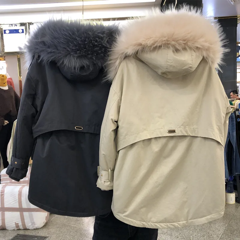 Женские парки, новинка, Осень-зима, большой меховой воротник, длинный рукав, верхняя одежда, искусственный мех кролика, подкладка, свободная, сохраняет тепло, ватная куртка