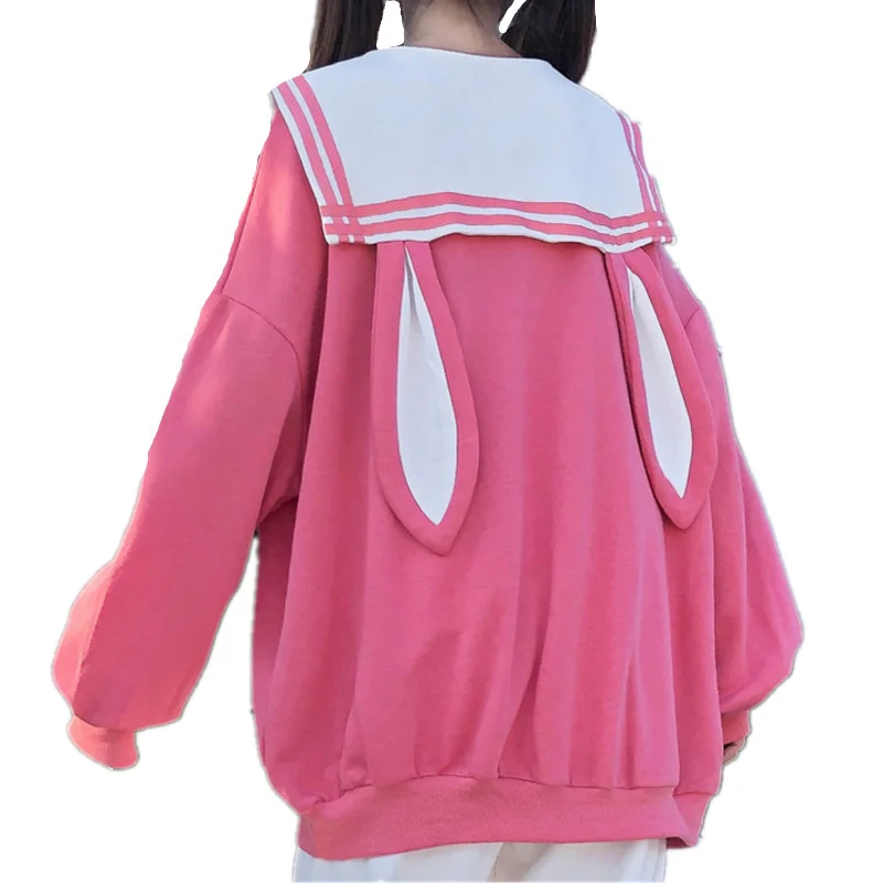 Richkeda Store New 2021 Japanese Lolita Style Cute Women Bowknot Sweatshirts Kawaii Rabbit Long Ears Sailor Collar Hoodies | Женская