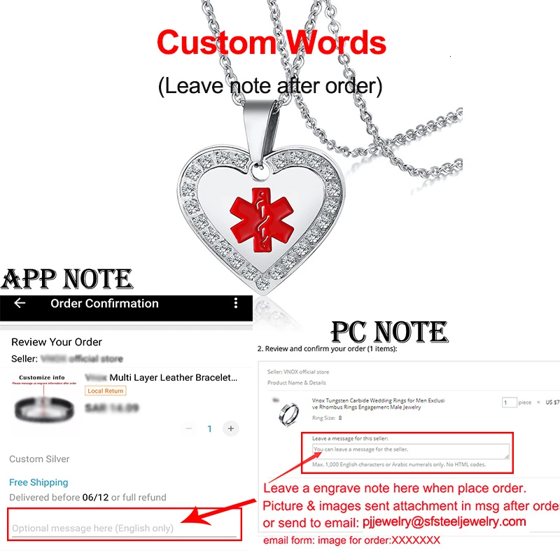 Women Personalize Engrave Medical Alert ID Crystal Heart Pendant Necklace Anti Allergy Emergency Reminder Info Jewelry - Окраска металла: Custom Back