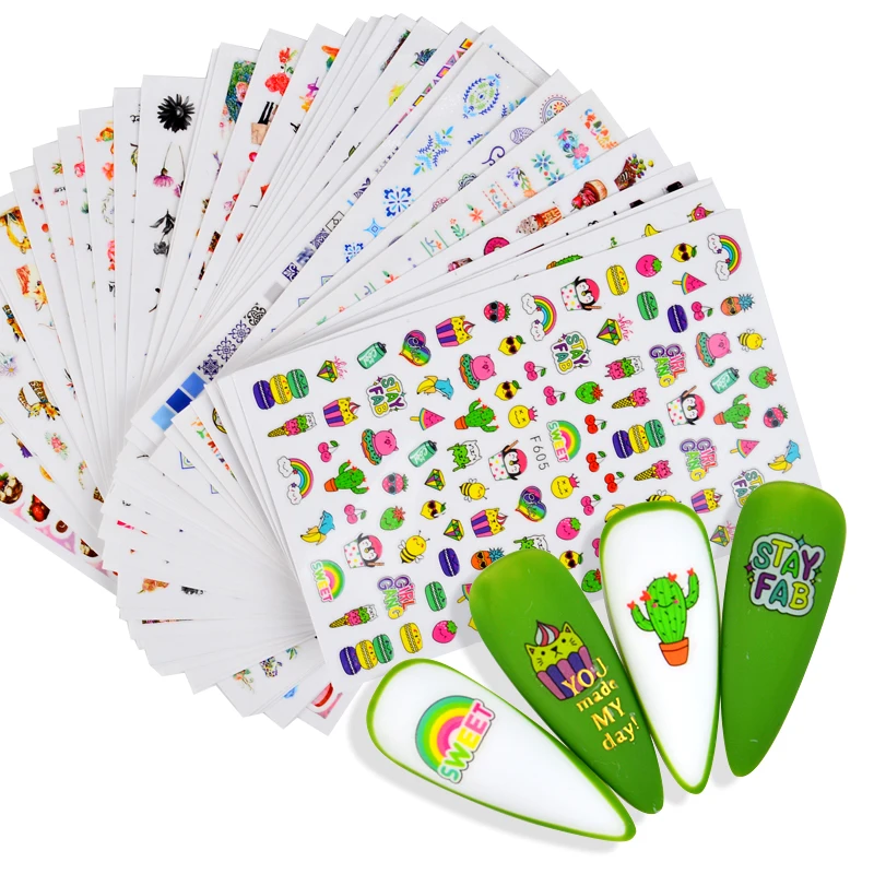 

1pcs Cactus Rainbow Nail Stickers Cute Cartoon Decorations For Nails Dog Cat Adhesive Decals Anime Tatto For Manicure