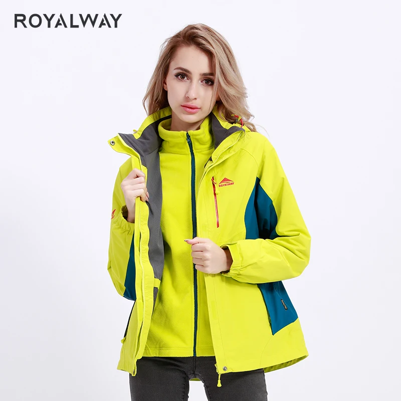 

ROYALWAY 2019 New Outdoor travel Windbreaker Women Removable Fleece Liner Fashion Camping Hiking Windproof Warm Coats RFOL4183G