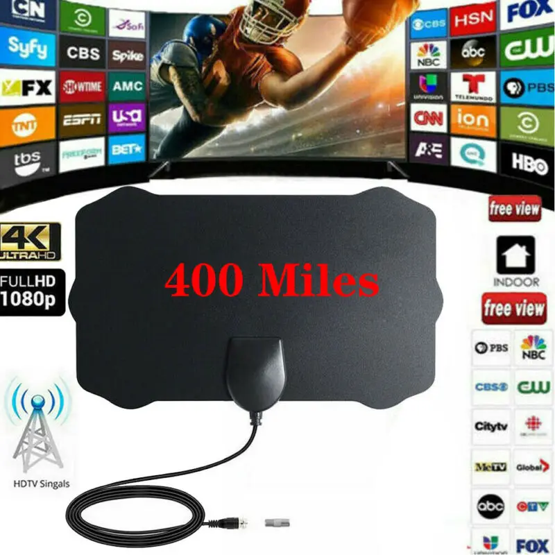 Антенна ТВ цифровая HD 300 Миля Диапазон Skywire Крытый 1080P 4K 16ft коаксиальный кабель США