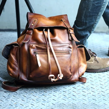 

Original Genuine Leather Men Backpack Full Grain Leather Travel Backpack Mens Shoulder Bag Retro School Backpack