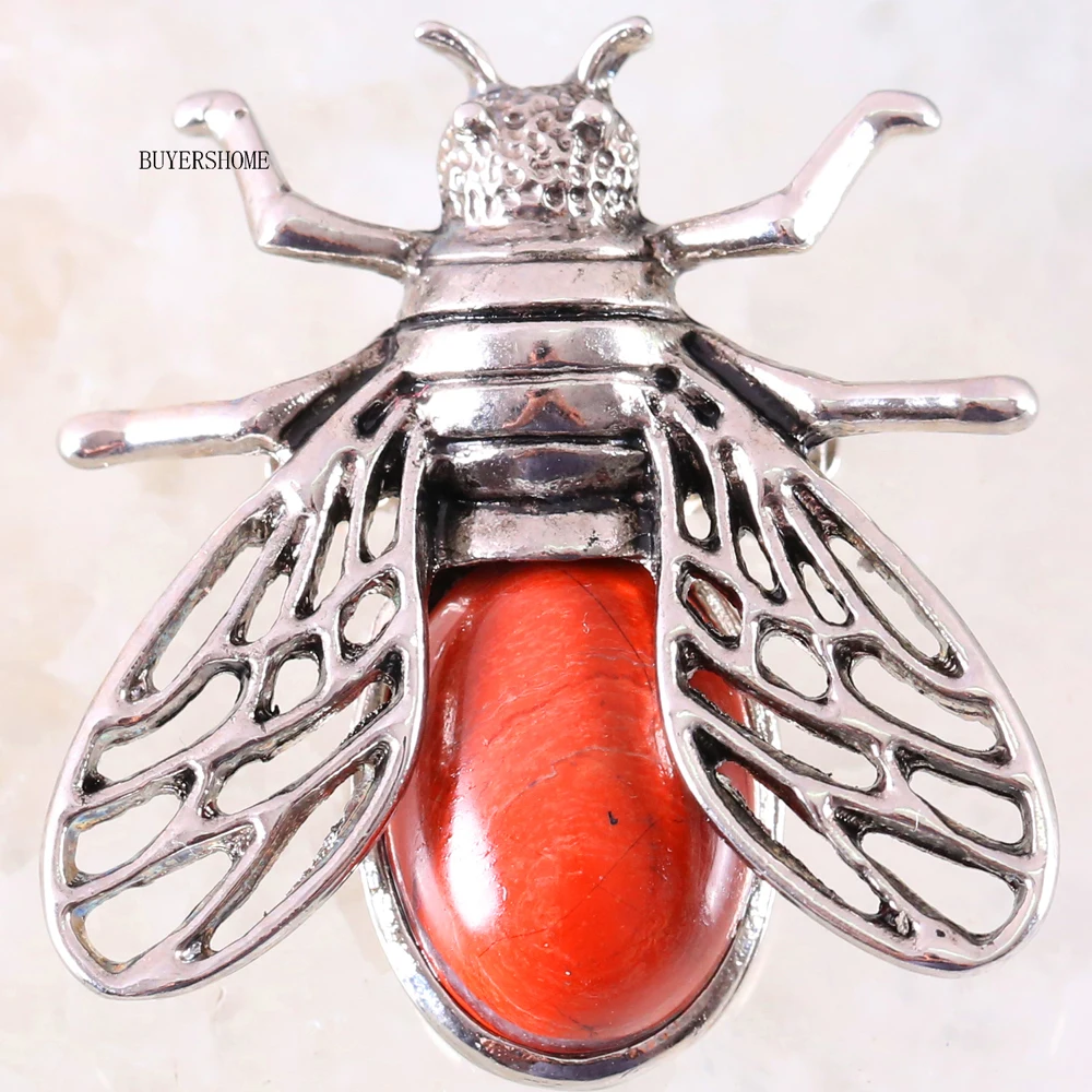 1Pcs Silver Cicada Brooch Natural Stone Pendant Howlite Rhodonite Carnelian Onyx Bead for Men Women DIY Jewelry Making - Окраска металла: Red Jasper