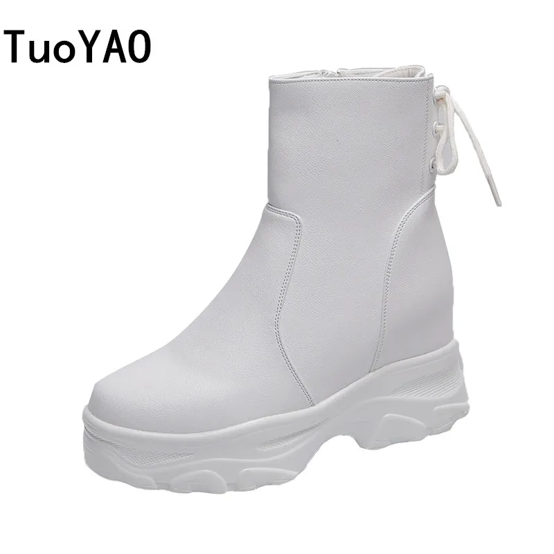 

Autumn Women Ankle Boots 10CM Heels High Top Wedge Boots Black White Platform Leather Sneakers Outdoor Walking For Woman Boots