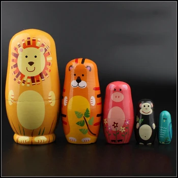 

5pcs Russian Matryoshka Dolls Basswood Creative Lion Bear Nesting Dolls Gift Russian Traditional Feature Ethnic Style DIY Dolls