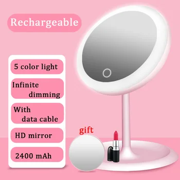 

Table Makeup Mirror With LED Light Cosmetic Pocket Mirror Backlit Bathroom Mirror 5XMagnifying Smart Touch Control USB Charge