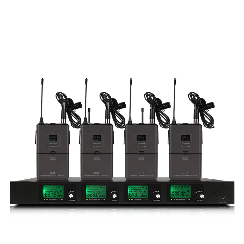 

4-channel UHF wireless microphone system with 4 lavalier microphones for stage church family gatherings