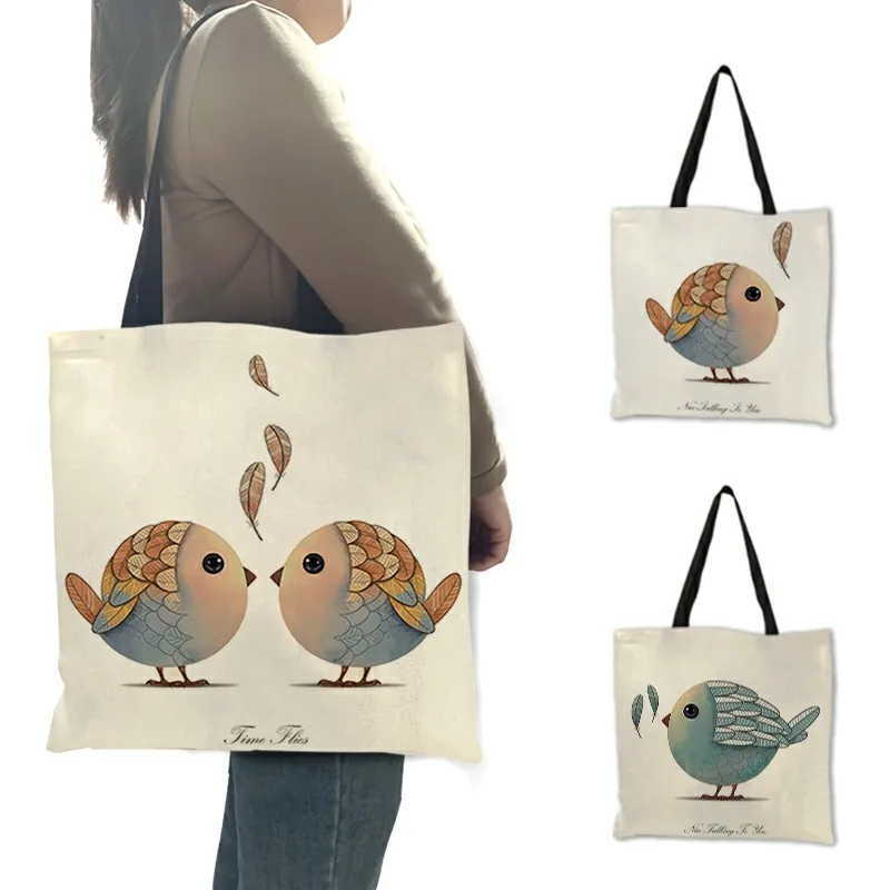 Unisex Casual Handbag Chubby Little Bird with Leaf Printed Shoulder Bags Students School Large Capacity Shopping Beach Tote Bag |