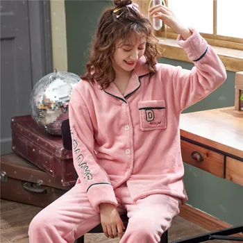 

Sets Flannel Winter Pajamas Long Sleeve Full Trousers Girl Sweet Warm Flannel Thick Homewear JULY'S SONG Women 2 Pieces Pajama