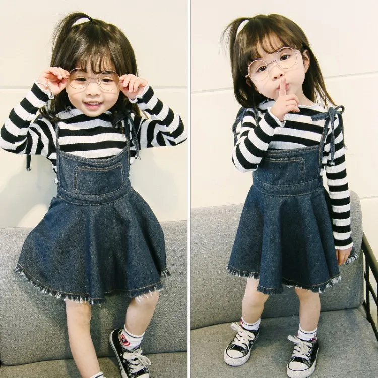 

Girls Spring And Autumn Long Sleeve Stripes T-shirt + Lace-up Denim Skirt Two-Piece 2018 Autumn Children Skirt Set Fashion