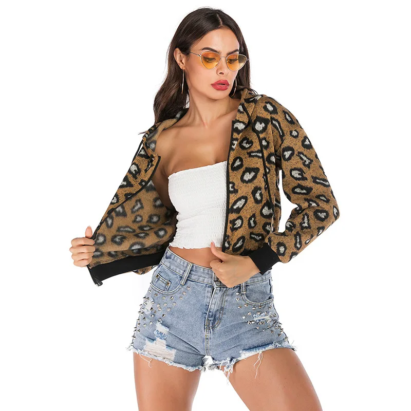 2020 Jacket Woman Jerseys  Zipper Long Sleeve Casual Versatile Leopard Print Hooded Short Jacket Autumn Clip Women's Jacket