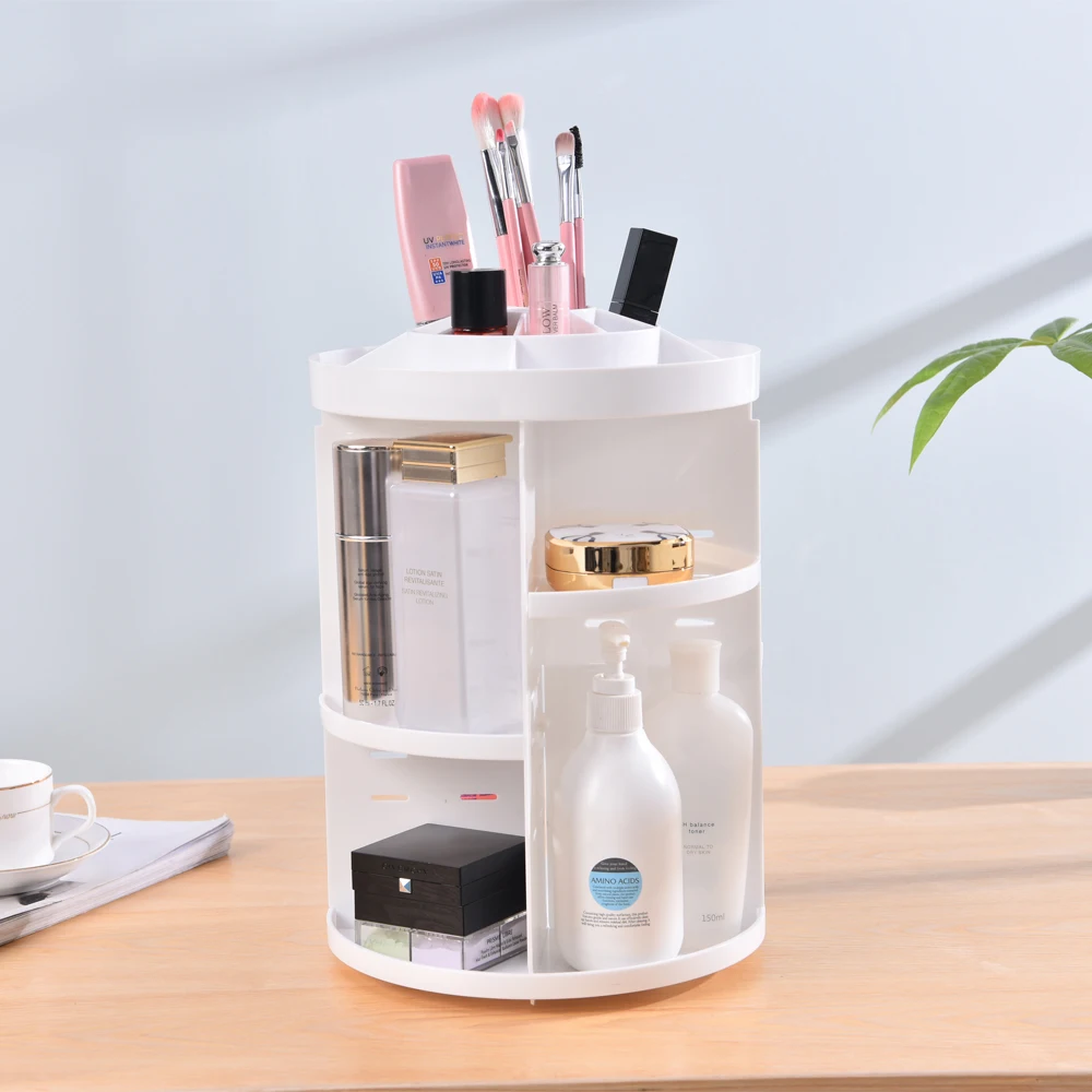 

Makeup Organizer 360 Degree Rotation and Adjustable Multi-Functional Cosmetic Makeup Storage Box Circle with Tray White