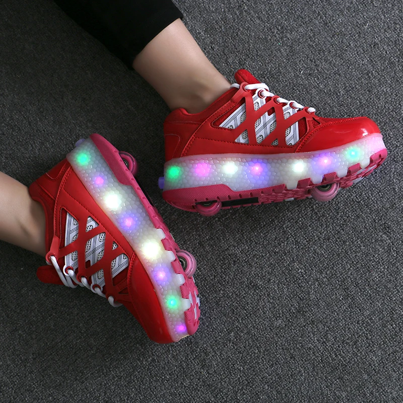 Two Wheels Luminous Sneakers Led Light Roller Skate Shoes for Children Kids Shoes Boys Girls Shoes Light Up Unisex Red Blue