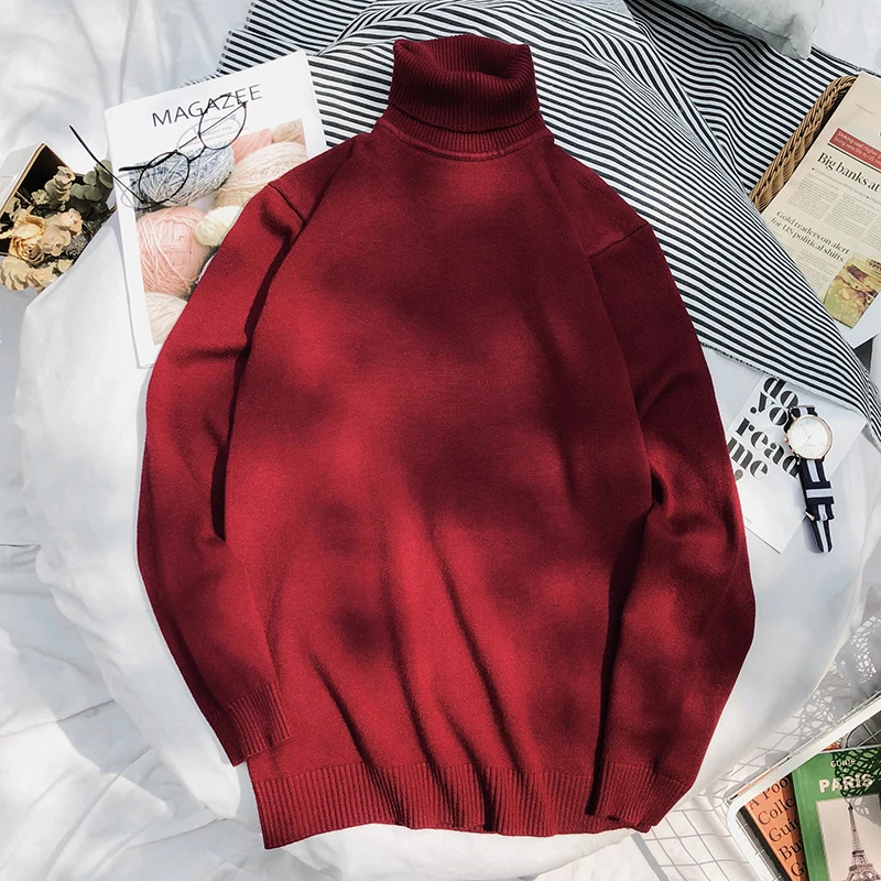 Wine red Осенне-зимний женский вязаный свитер с высоким воротом, повседневный мягкий джемпер с воротником поло, модный тонкий женский эластичный пуловер, большой размер - Цвет: Wine red
