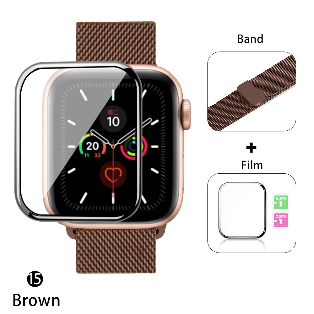Миланская петля для Apple watch 42 мм 38 мм 40 мм 44 мм браслет ремешок+ Защитная пленка магнитная пряжка для iwatch серии 5 432 - Цвет ремешка: Browm