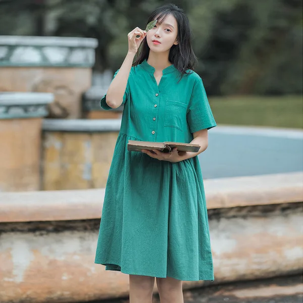 

2019 Spring And Summer Hipster GIRL'S High Students Large Size Elegant Solid Color Stand Collar Mid-length Dress S26396