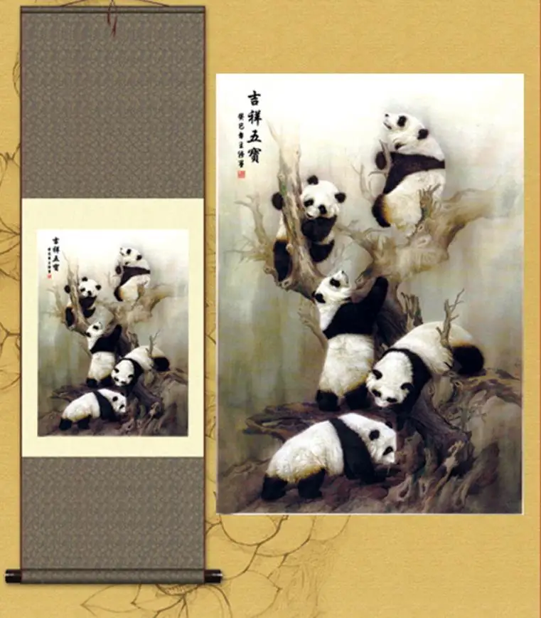 1pc  Traditional silk art Home Decoration Chinese Silk scroll painting  panda Home Office Decoration  S143 1
