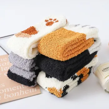 

6 Pair Of Plush Coral Fleece Socks Female Tube Socks Winter Cat Claws Cute Thick Warm Sleeping Floor Sleep Socks 11Colorls