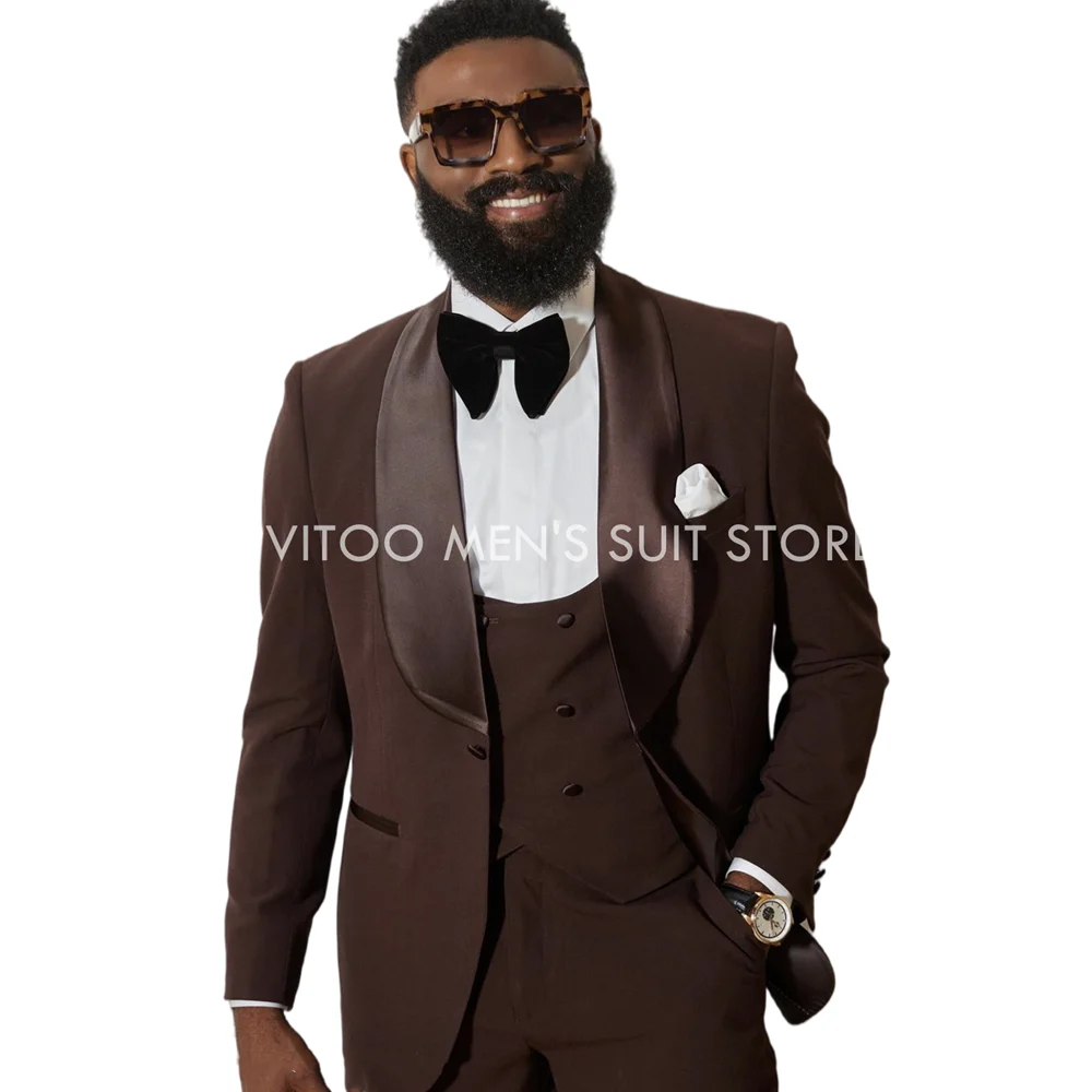 

Brown Men Suits Slim Fit 3 Pieces/Classic Single-Breasted Blazer Satin Lapel/Wedding Prom Costume Homme Formal/Jacket+Pants+Vest
